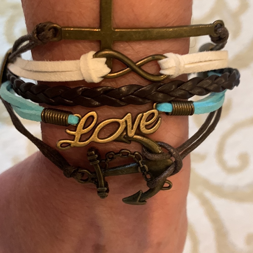 Leather & Chrome tone Vintage Love & Faith Bracelet